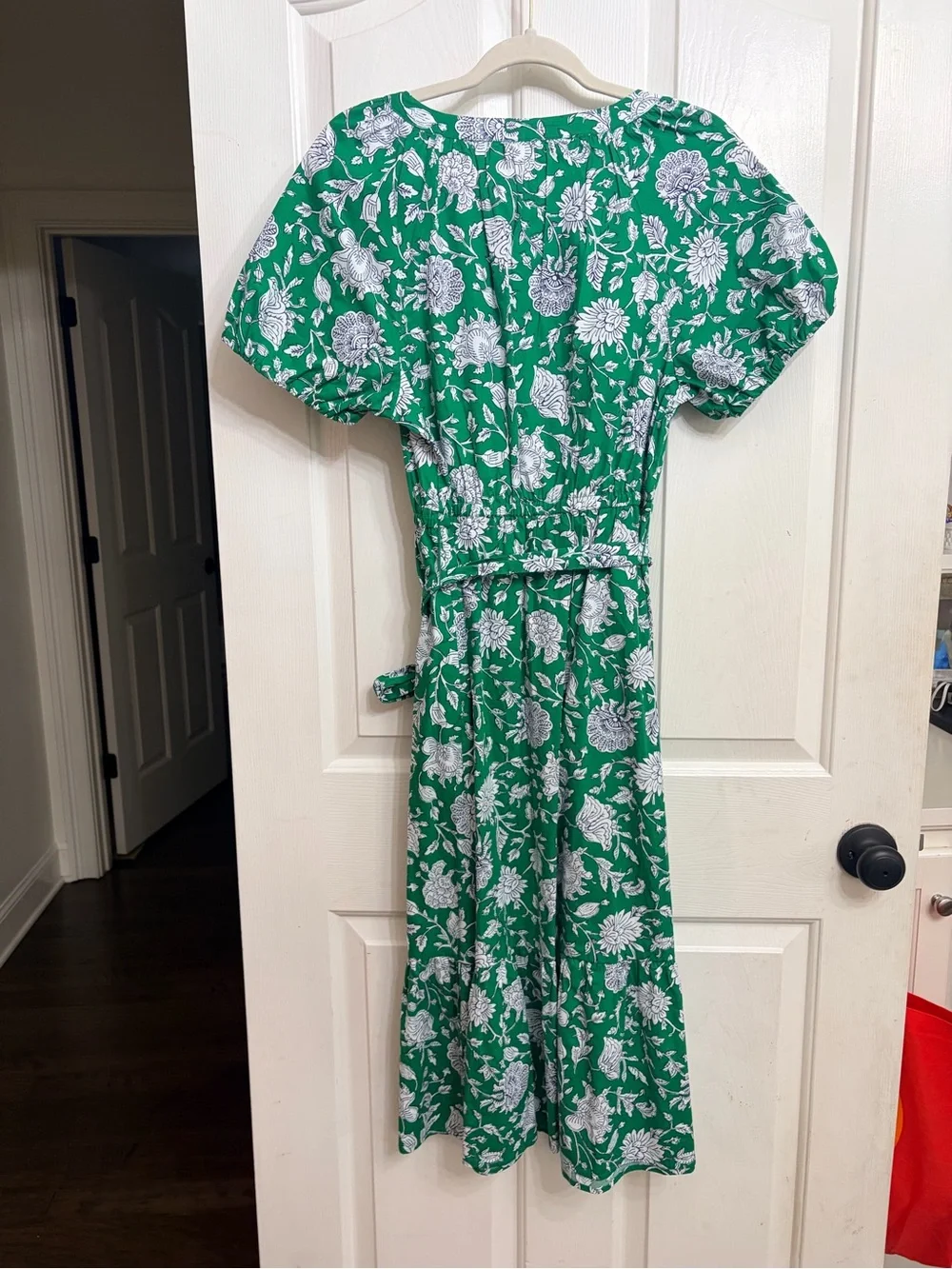 J. Crew Green Floral Wrap Midi Dress with Puff Sleeves